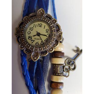 Vintage Women Multilayer Key Pendant Blue Leather Strap Quartz  Bracelet Watch